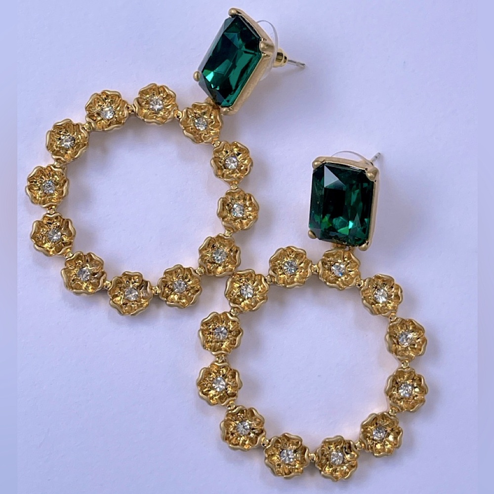 Oscar de La Renta Earrings emerald gold flowers floral Dangle drop hoops signed - Picture 4 of 14